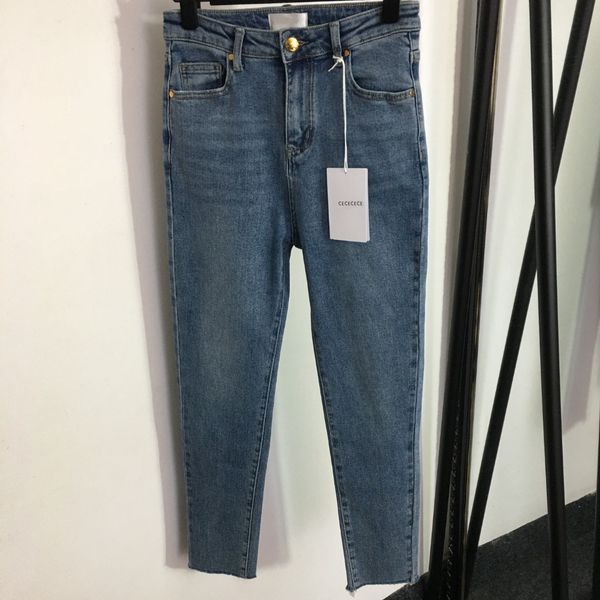 Jeans ajustados de diseñador para mujer nuevos jeans de bromista rectos de cintura media alta pierna de pantalón de hoja de loto decoración de letras de moda ocio