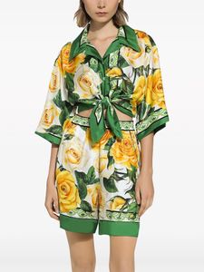Designer rok 24 Zomer Silk Franse vintage romantische gele rose print flip kraag korte shirt shorts set