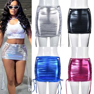 Designer Skrits Femmes 2023 Nouvelle Mode Jupe Glands En Cuir Brillant Haute Élastique Creux Dentelle Demi-longueur Robe