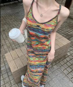 Diseñador Maneveless Rainbow Knited Vest Vest Vest Mujeres 2024 Summer Sexy Beach Holiday Fashion Ladies Maxi Vestidos Mujer