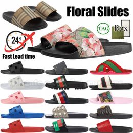 Met doos Designer Slippers Web Rubber Slide Sandaal Heren Dames Slider Blooms Flower Tiger Bee Luxe canvas plat Gear Bottom Loafers Slippers Gear Bottoms Strandschoenen