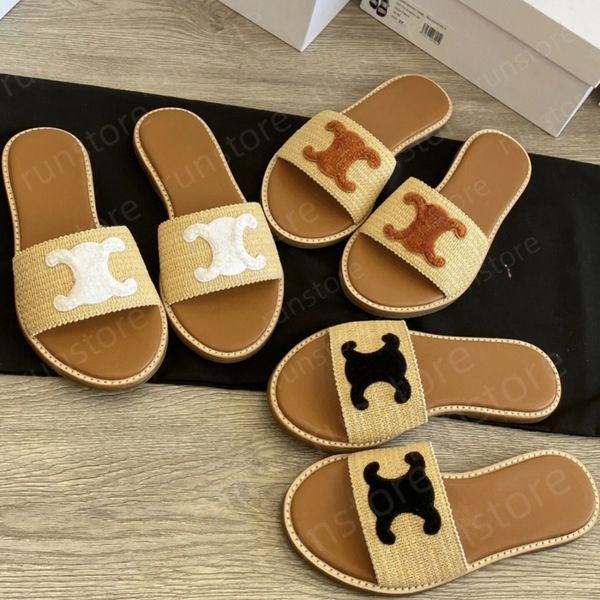 Designer Slide New Style Paille de paille pantoufles Sandales Chaussures décontractées Mules Loafer noir blanc sexy Chaussures de luxe Femme Brown Mule Sliders Sandale