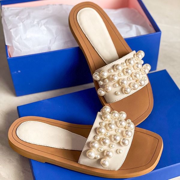 Designer toboggan perle pantoufles femmes sandales Goldie Slides mode en cuir véritable sandale de marque en bois tongs pour femmes de qualité supérieure avec boîte 314