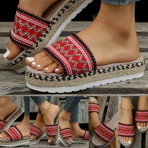 designer slides 2024 Nieuwe Etnische Stijl Grote Maat Damesmuilezel Dikke Bodem Vismond Henneptouw Snoep Kleur Slippers Fabrikant Groothandel 4.5-11