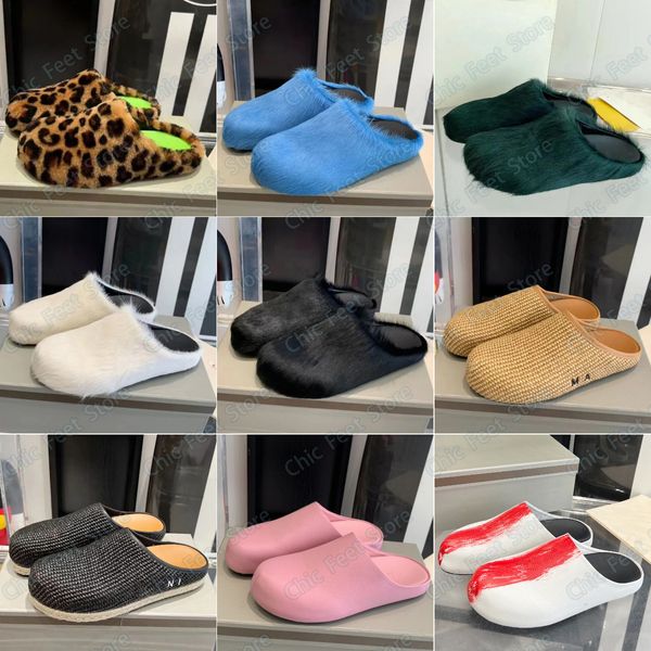 Diapositivas de diseñador Fussbett Sabot Sandalias Confort Piel Zueco Rafia Playa Mocasines de verano Pelo largo de becerro Cuero de piel de oveja Jacquard Slip On Slipper Piel difusa Tamaño 35-45