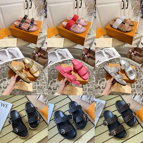 Designer Slides Cuir Sandal Beach Sans effort 2 sangles avec boucles dorées ajustées Été Confortable respirant argent blanc rose vert or