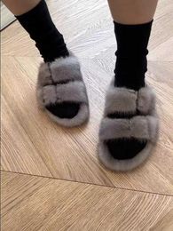 Designer Slides Luxe Nertsen Bont Slippers Real Mink Haar Sandalen Dubbele Gesp Bont Schoenen Voor Vrouwen Pluizige Slides # H0914