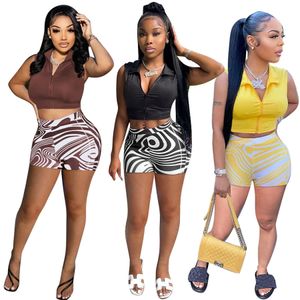 Designer Slim 2 Piece Sets Zipper Polo T-shirt Shorts Crop Top Femmes Survêtements Stripe Impression Pantalons Courts Tenues 9323