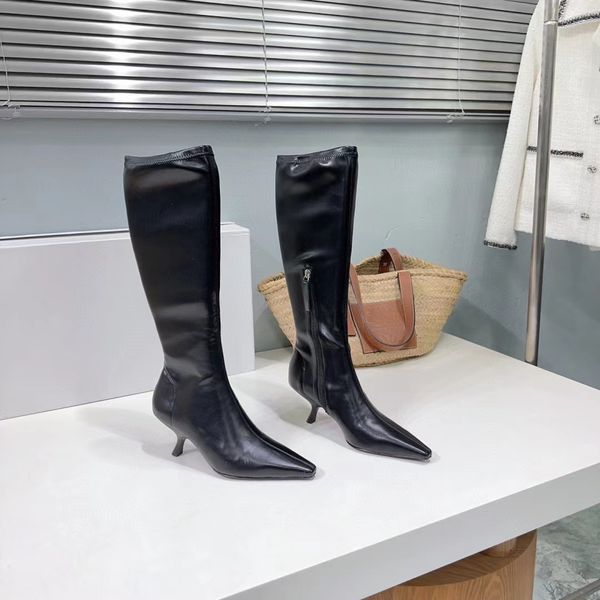 Diseñador Sling Boot cuero de lujo Tacón de aguja Mujeres pico Botas elásticas moda Botas hasta la rodilla de alta calidad Tamaño 35-40