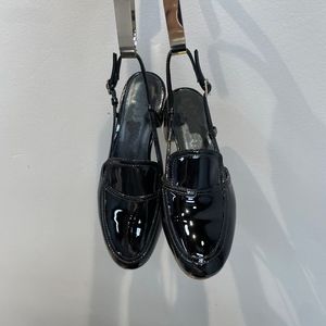 Designer Sling Sandals, Sandales à talons moyens, Pantoufles, Chaussures à fleurs en cuir laqué de couleur unie, Cuir véritable, Pantoufles à bride de cheville d'été 35-41