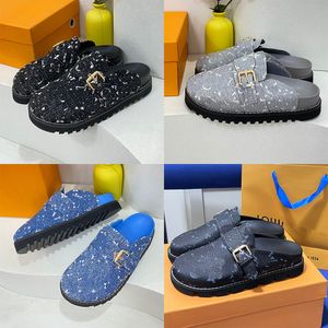 Designer Slipper Gezellige platte sandalen Kalfsleer Muiltjes Klompen Denim Letter Afdrukken Comfort Heren Dames Casual Baotou-pantoffels