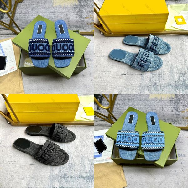 Designer Slipper Denim diaposités femmes sandales plates talons tissu tissu imprimé denim bleu sandales Summer Sliders Luxury Beach Scuff