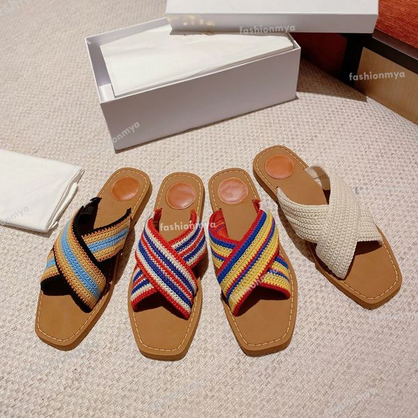 Zapatillas de diseñador para mujer, zapatillas de madera, zapatillas planas de ganchillo, chanclas con tiras cruzadas, sandalias trenzadas de arcoíris, chanclas para vacaciones de verano para mujer