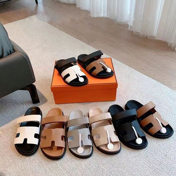 Designer Slippers Sandal Sandal Sliders Flip Flops Flat Sandals Beach Comfort Clalfskin Leather Suede naturel Goatskin Brown Black Women Men S78A #