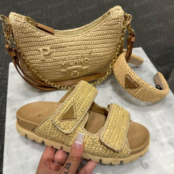 Designer Slippers Crochet Flatform Slides Platform Sandales Réditionne Mini Bag Bage Femmes Luxury Mules Raffie Empter Bottom Summer Sappe extérieur tissé