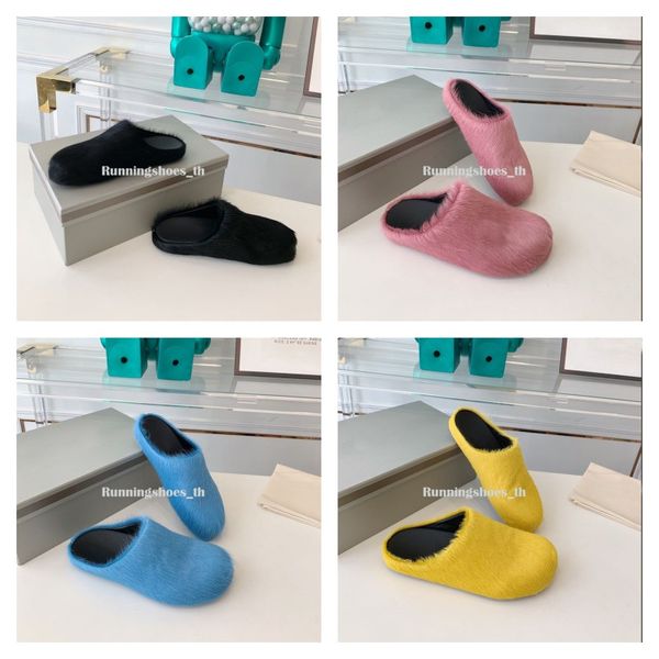 Pantoufles de créateurs Pantoufles de fourrure de mode femmes bout rond diapositives de cheveux de cheval femme noir rose rouge vert mules chaussures plates demi pantoufle femme chaussures en peluche décontractées