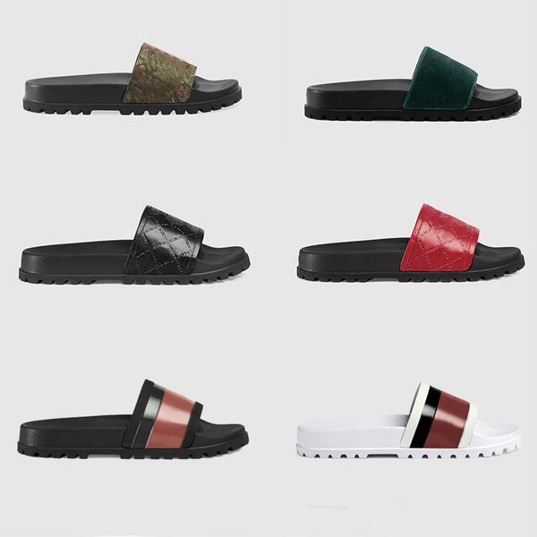 Zapatillas de diseñador Hombres Mujeres Diapositivas Sandalias de goma de cuero Zapatos de plataforma de impresión Zapatilla de rayas casual de moda con caja original 35-48