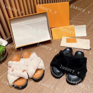 Designer Pantoufles Paseo Flat Mules Confortable Laine Slides Fluffy Shearling Bretelles Croisées Cuir Semelle En Caoutchouc Mode Sandales D'intérieur Taille 35-42