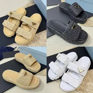 Slippers designer Raffian Woven Sandale Room Sildes Sildes Femmes Place Plate-plaques Platphescules Plat Mule Broidered Ladies Summer Shoes Top Quality With Box 35-41