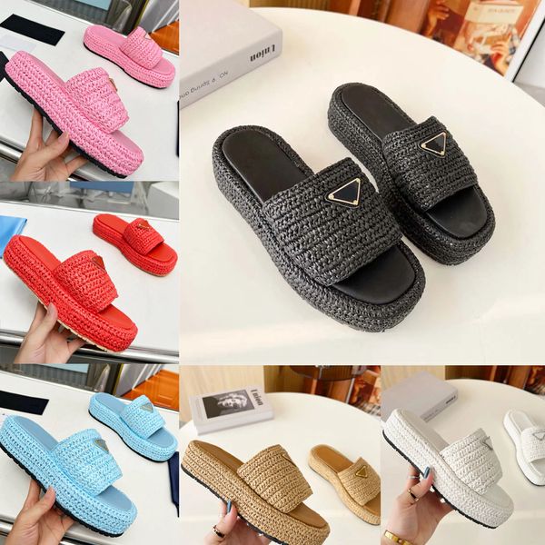 Pantoufles de créateurs Sandales Hommes Femmes Boucle d'or Noir Marron Rose Slides Crochet Slider Femmes Casual Sandal Plate-forme Coins Paille Plateforme Été Tongs 35-42