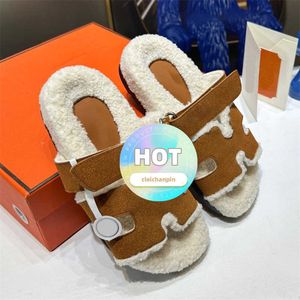 Designer slippers tweede oom hs wol 2024 herfst winter nieuw lam geïntegreerde casual platte bodem warm klittenband lthl