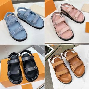 Designer Slippers Vrouwen Sandaal PASEO COMFORT Platte Slides Luxe Casual Schoenen Platform Schoen Gesp Lederen Loafer Denim Blauw met Doos