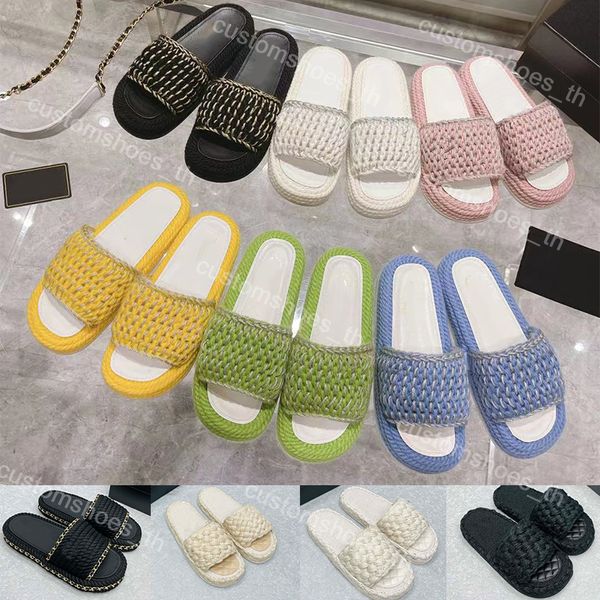 Zapatillas de diseñador Zapatos de mujer Sandalias de miel Tejer Zapatillas de interior negras Mocasines de moda de verano Mulas planas clásicas Playa para mujer Chanclas planas a rayas Tweed Paja