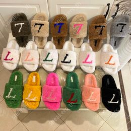 Designer slippers vrouwen wollen slipper paseo comfort sandalen pluizige harige sandaal warme comfort glijbanen geborduurde letter slippers flops