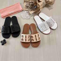 Designadores zapatillas Sandalias para mujer Rafia-efecto tejido tejido Tobogán Blanco negro Desglose plano de lujo Luxury Summer Beach Slide Indoor Women Sandals