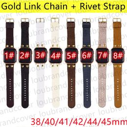Designer Smart Banden Watch Band voor Apple Watch Band Gold Link Chain 49mm 44mm 45 mm Iwatch -serie 8 9 4 5 6 7 Riemleren Rivet Bracelet Originele monogramletter Afdruk