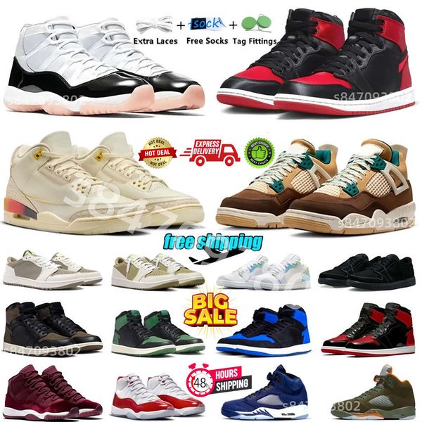 Baskets de créateurs Jumpmanss 1 3 4 5 11 Chaussures de basket-ball Satin Bred Patent Royal Reimagined Black Cat Thunde 4s Gris 11s Ciment blanc 5s Palomino 12s Cherry Train Sports