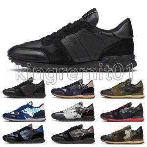 Zapatillas de deporte de diseño Zapatos de hombre Piel de becerro Zapatillas de deporte de camuflaje Tela de malla Zapatillas de deporte de goma Triple Negro Blanco Remache Entrenador Zapato de lujo