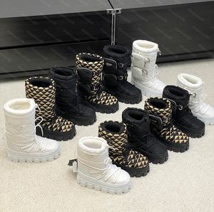 Botas de nieve de diseñador para mujer, botines de esquí de nailon, botas de gabardina gruesas de lujo para invierno, botines triangulares de piel cálidos de alta calidad