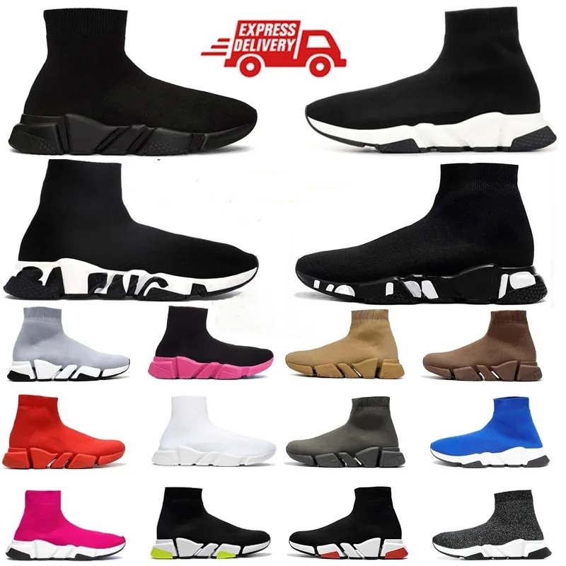 Designer Sock Shoes Män kvinnor Graffiti Vit svart röd Beige Pink Clear Sole Lace-Up Neon Yellow Socks Speed ​​Runner Trainers Flat Platform Sneakers Casual 35-44