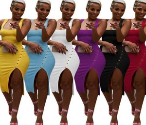 Designer spaghetti -band opgesplitst jurk schede bodycon jurk candy color dames kleden zomer onregelmatig 7426822222