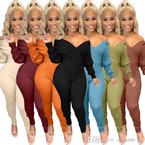 Designer printemps combinaisons Slim Sexy grand col en v hors épaule fil Onesies femmes grande taille barboteuses à manches longues body