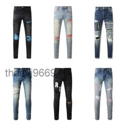 Designer Stack Jeans Européen Violet Jean Hommes Broderie Quilting Ripped pour Tendance Marque Vintage Pantalon Mens Fold Slim Skinny Mode 01 2AAK