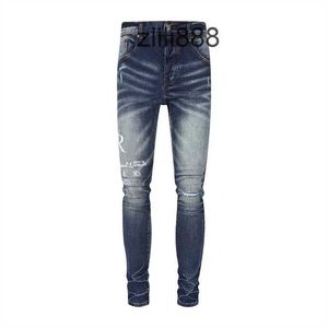 Designer Stack Jeans European Purple Jean Men Borduurwerk quilten gescheurd voor trend merk vintage pant heren vouw slanke mager mode627