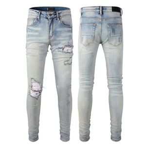 Designer stack jeans Europese paarse jean heren borduurquilten gescheurd voor trendmerk vintage broek heren gevouwen slanke skinny mode-jeans