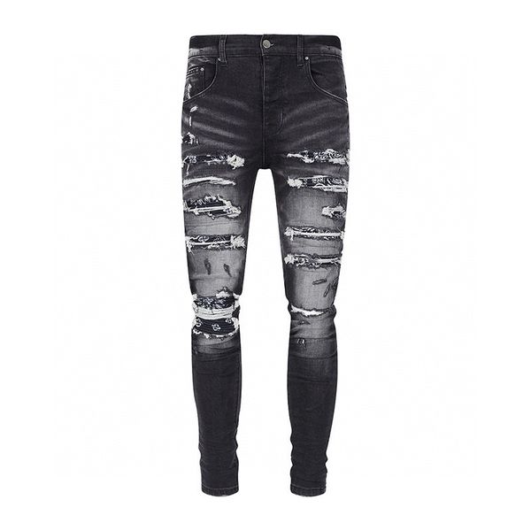 Diseñador pila jeans Europeo ripped jean hombres bordado acolchado rasgado para marca de tendencia pantalón vintage mens fold slim skinny fashion Jeans sstraight pants 02