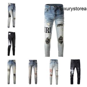 Designer Stack Jeans Fashion Jeans Europeaan paarse Jean Brand Vintage Pant Mens Fold Slim Men Borduurwerk quilten gescheurd voor trend Zippervlieg Skinny Hole L5