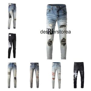 Designer Stack Jeans Fashion Jeans Europeaan paarse Jean Brand Vintage Pant Mens Fold Slim Men Borduurwerk quilten gescheurd voor trend ritswandholte Skinny Hole L5 P3