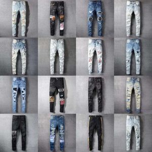 Designer Stack Stacked European Purple Jeans Quilting Ripped pour Trend Brand Vintage Pant Mens Fold Slim Skinny Masculina Toursers Sstraight Pantalon