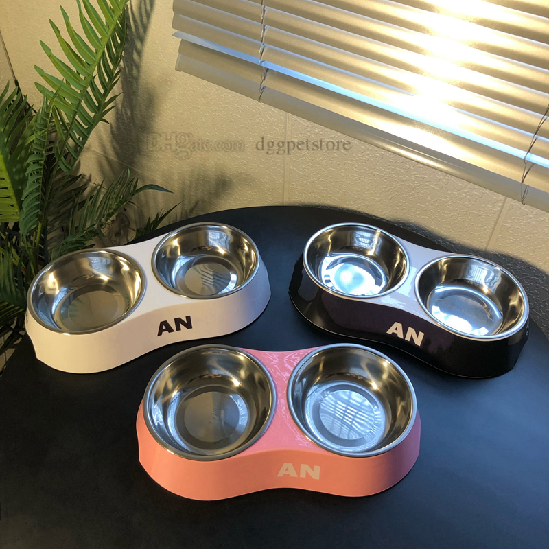 Designerskie miski dla psów ze stali nierdzewnej miski dla kotów ze stojakiem na jedzenie i wodę, antypoślizgowe podwyższone danie dla małych psów, antypoślizgowy podniesiony karmnik dla zwierząt, można myć w zmywarce różowy J09