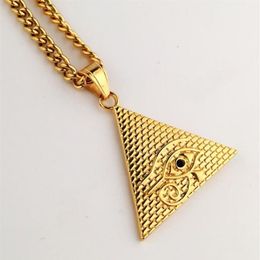 Colliers de créateurs en acier inoxydable glacé en forme de triangle doré, chaîne avec pendentif, breloque de fortune, collier Hip Hop pour hommes 254q