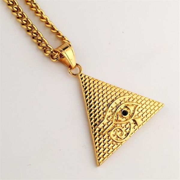 Colliers de créateurs en acier inoxydable glacé en forme de triangle doré, chaîne avec pendentif, breloque de fortune, collier Hip Hop pour hommes 334u