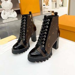 Diseñador Star Trail botines diseños tacones altos botines mujeres cuero de becerro negro lona cremallera botines zapatos 35-42 05
