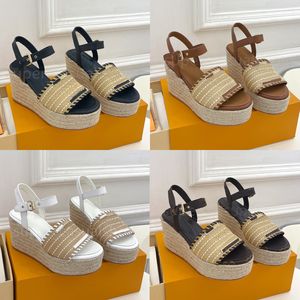 Diseñador Sandalias de estribor Sandalias de cuña para mujer Zapato de paja Zapatos de plataforma con punta abierta Zapatos de cuña con caja 35-41