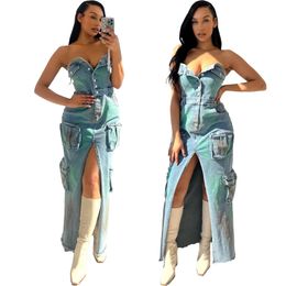 Designer bretelles Denim robes femmes sans manches boutons robe sexy dos nu robe fendue avec poches street wear en vrac vêtements en gros 10389