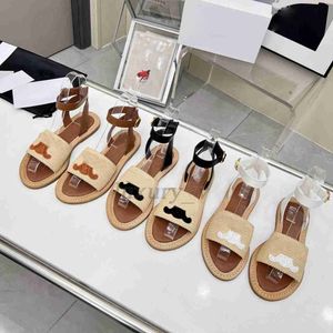 Sandalias de paja de diseñador, zapatos planos para mujer, decoración de verano, Logo, exterior, clásico, informal, tobogán, punta abierta, zapatos superiores tejidos